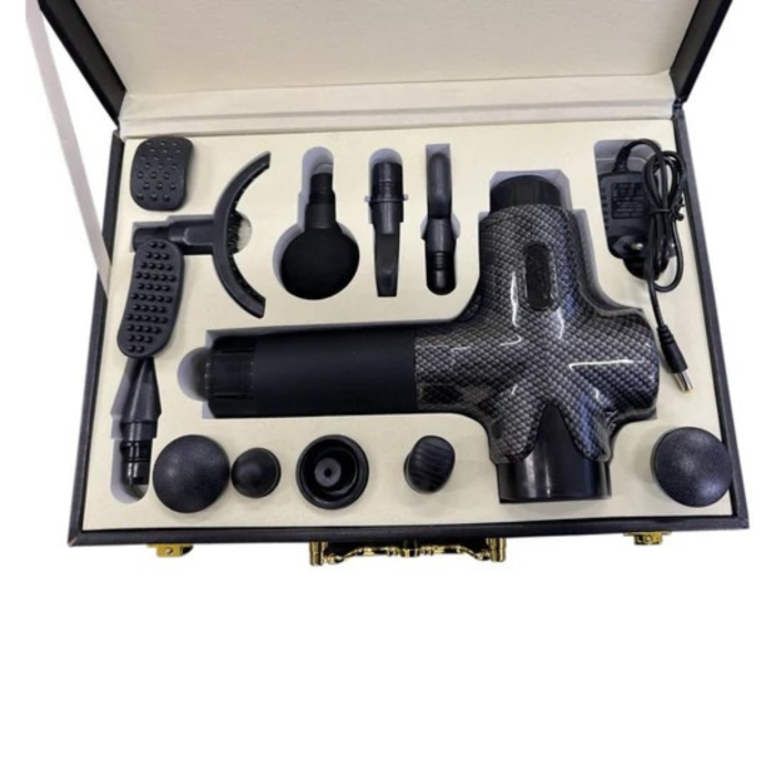 Pistol masaj corporal VarioShop® negru profesional, ecran tactil, 12 capete interschimbabile, masaj percutie profund, intensitati multiple, recuperare musculara si relaxare, portabil cu husa transport [8]