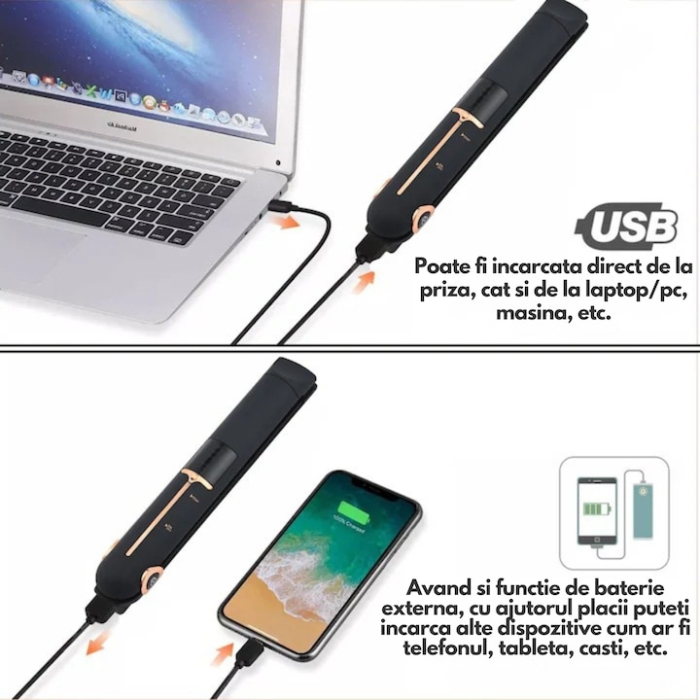 Placa de indreptat parul ceramica 2 in 1 cu afisaj LCD, baterie externa si reglaj temperatura, fara fir, portabila, pentru coafuri elegante si onduleuri perfecte, Negru [3]