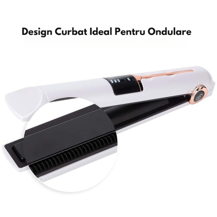 Placa de indreptat parul ceramica 2 in 1 cu afisaj LCD, baterie externa si reglaj temperatura, fara fir, portabila, pentru coafuri elegante si onduleuri perfecte, Alb [7]