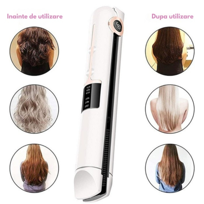 Placa de indreptat parul ceramica 2 in 1 cu afisaj LCD, baterie externa si reglaj temperatura, fara fir, portabila, pentru coafuri elegante si onduleuri perfecte, Alb [6]