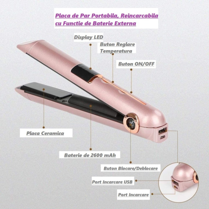Placa de indreptat parul ceramica 2 in 1 cu afisaj LCD, baterie externa si reglaj temperatura, fara fir, portabila, pentru coafuri elegante si onduleuri perfecte, Roz [3]