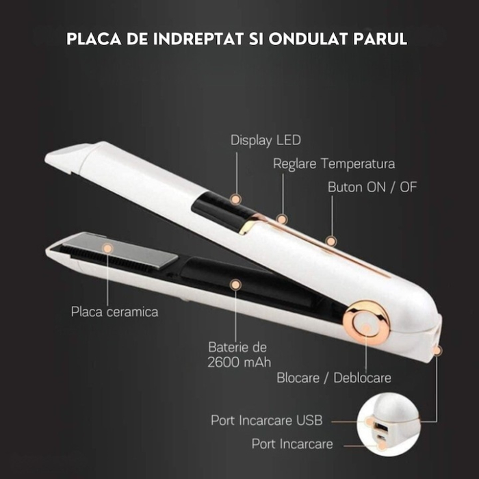 Placa de indreptat parul ceramica 2 in 1 cu afisaj LCD, baterie externa si reglaj temperatura, fara fir, portabila, pentru coafuri elegante si onduleuri perfecte, Alb [2]
