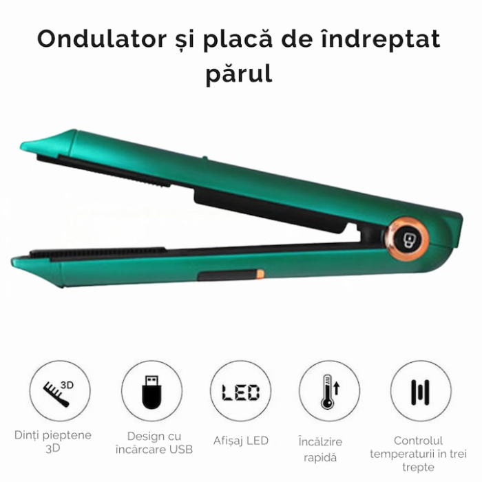 Placa de indreptat parul ceramica 2 in 1 cu afisaj LCD, baterie externa si reglaj temperatura, fara fir, portabila, pentru coafuri elegante si onduleuri perfecte, Verde [3]
