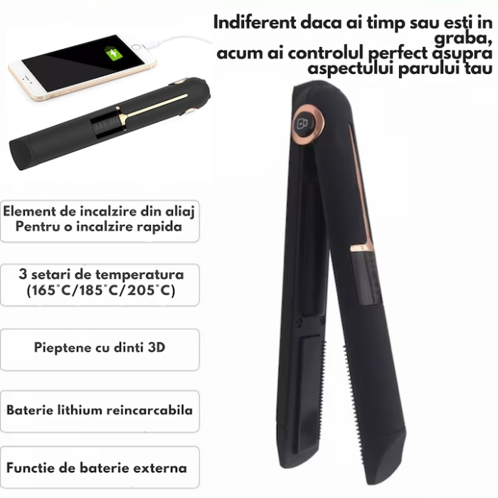 Placa de indreptat parul ceramica 2 in 1 cu afisaj LCD, baterie externa si reglaj temperatura, fara fir, portabila, pentru coafuri elegante si onduleuri perfecte, Negru [4]