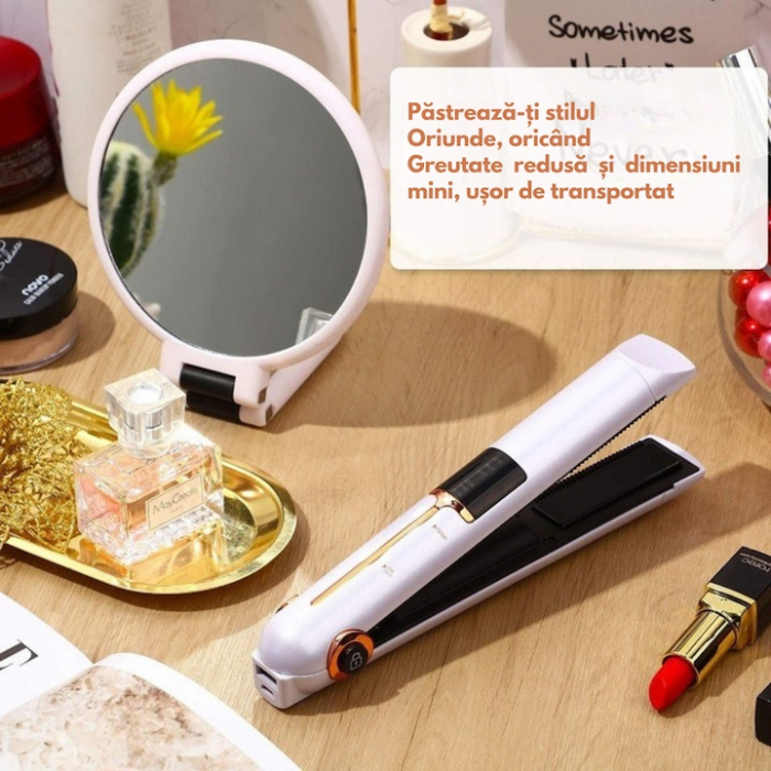 Placa de indreptat parul ceramica 2 in 1 cu afisaj LCD, baterie externa si reglaj temperatura, fara fir, portabila, pentru coafuri elegante si onduleuri perfecte, Alb [4]