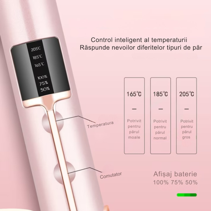 Placa de indreptat parul ceramica 2 in 1 cu afisaj LCD, baterie externa si reglaj temperatura, fara fir, portabila, pentru coafuri elegante si onduleuri perfecte, Roz [4]