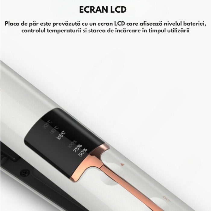 Placa de indreptat parul ceramica 2 in 1 cu afisaj LCD, baterie externa si reglaj temperatura, fara fir, portabila, pentru coafuri elegante si onduleuri perfecte, Alb [3]