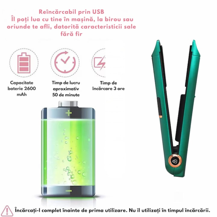 Placa de indreptat parul ceramica 2 in 1 cu afisaj LCD, baterie externa si reglaj temperatura, fara fir, portabila, pentru coafuri elegante si onduleuri perfecte, Verde [4]