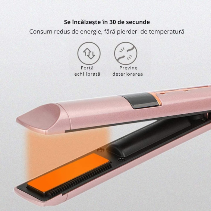 Placa de indreptat parul ceramica 2 in 1 cu afisaj LCD, baterie externa si reglaj temperatura, fara fir, portabila, pentru coafuri elegante si onduleuri perfecte, Roz [2]