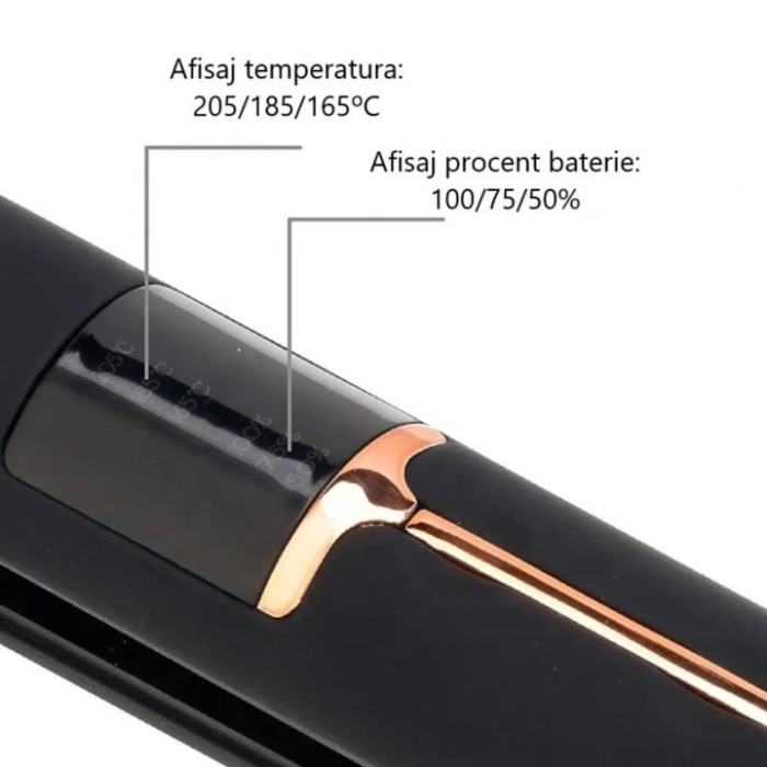Placa de indreptat parul ceramica 2 in 1 cu afisaj LCD, baterie externa si reglaj temperatura, fara fir, portabila, pentru coafuri elegante si onduleuri perfecte, Negru [5]