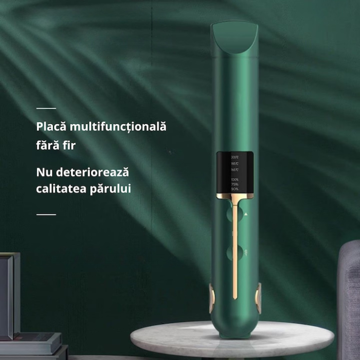Placa de indreptat parul ceramica 2 in 1 cu afisaj LCD, baterie externa si reglaj temperatura, fara fir, portabila, pentru coafuri elegante si onduleuri perfecte, Verde [2]