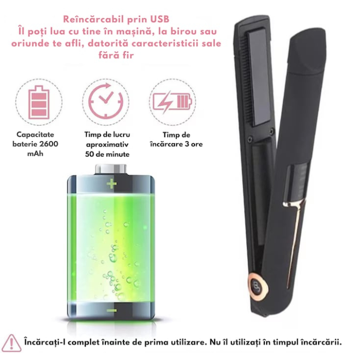 Placa de indreptat parul ceramica 2 in 1 cu afisaj LCD, baterie externa si reglaj temperatura, fara fir, portabila, pentru coafuri elegante si onduleuri perfecte, Negru [7]