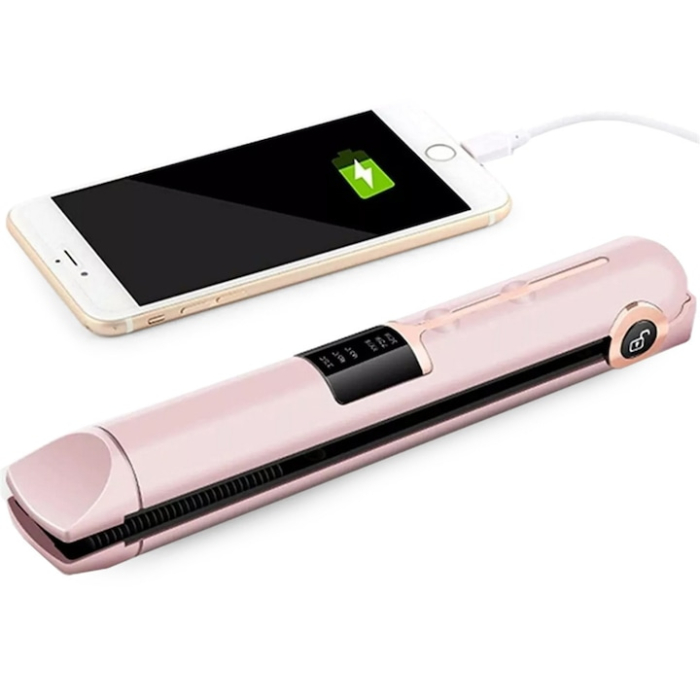 Placa de indreptat parul ceramica 2 in 1 cu afisaj LCD, baterie externa si reglaj temperatura, fara fir, portabila, pentru coafuri elegante si onduleuri perfecte, Roz [8]
