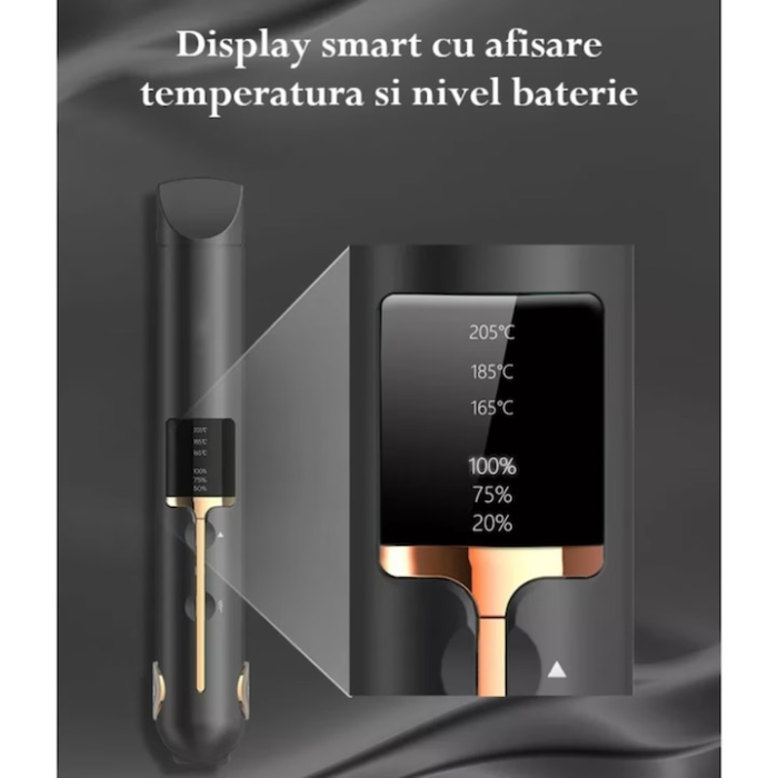 Placa de indreptat parul ceramica 2 in 1 cu afisaj LCD, baterie externa si reglaj temperatura, fara fir, portabila, pentru coafuri elegante si onduleuri perfecte, Negru [8]