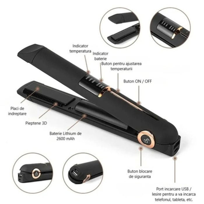 Placa de indreptat parul ceramica 2 in 1 cu afisaj LCD, baterie externa si reglaj temperatura, fara fir, portabila, pentru coafuri elegante si onduleuri perfecte, Verde [5]