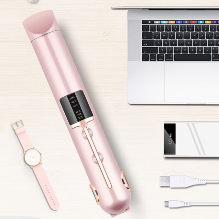 Placa de indreptat parul ceramica 2 in 1 cu afisaj LCD, baterie externa si reglaj temperatura, fara fir, portabila, pentru coafuri elegante si onduleuri perfecte, Roz [6]