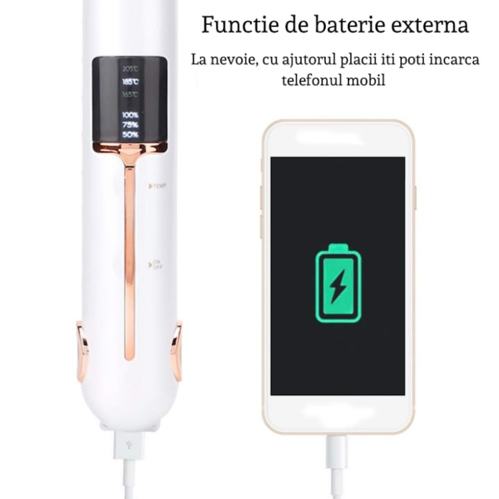 Placa de indreptat parul ceramica 2 in 1 cu afisaj LCD, baterie externa si reglaj temperatura, fara fir, portabila, pentru coafuri elegante si onduleuri perfecte, Alb [5]