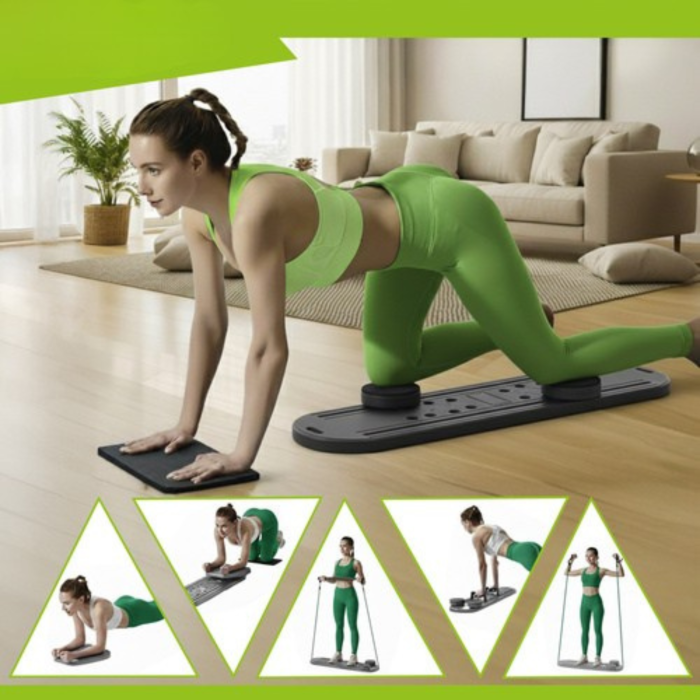 Placa Multifunctionala Pilates  VarioShop®, cu Manere, Role pentru Abdomene, Benzi Elastice, Pliabila, Antiderapanta, pentru Fitness si Antrenament Acasa, 97x35 cm, Gri [4]
