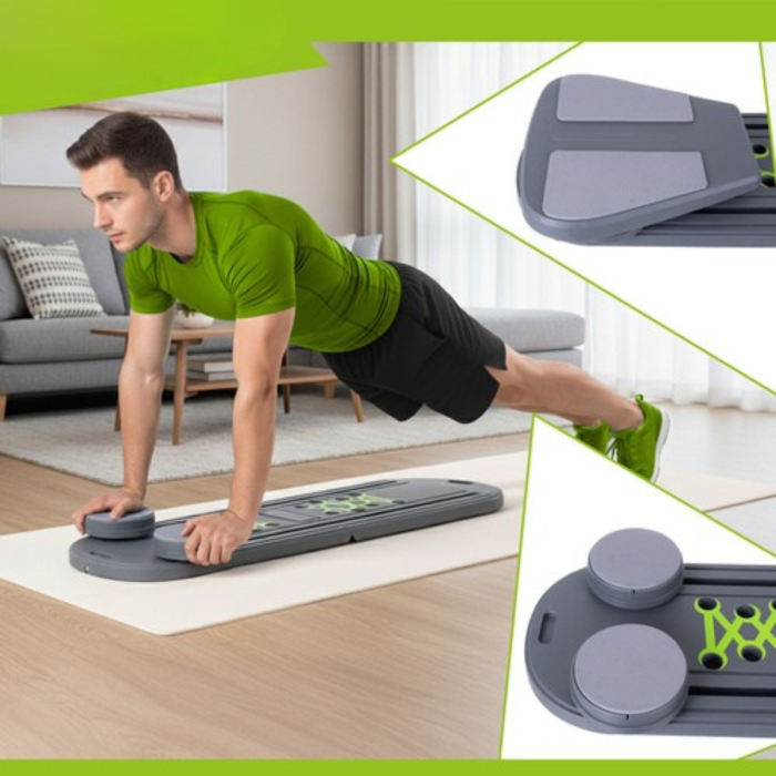 Placa Multifunctionala Pilates  VarioShop®, cu Manere, Role pentru Abdomene, Benzi Elastice, Pliabila, Antiderapanta, pentru Fitness si Antrenament Acasa, 97x35 cm, Gri [3]