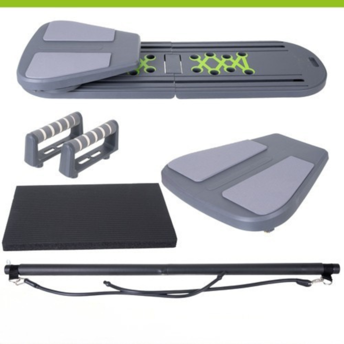 Placa Multifunctionala Pilates  VarioShop®, cu Manere, Role pentru Abdomene, Benzi Elastice, Pliabila, Antiderapanta, pentru Fitness si Antrenament Acasa, 97x35 cm, Gri [14]