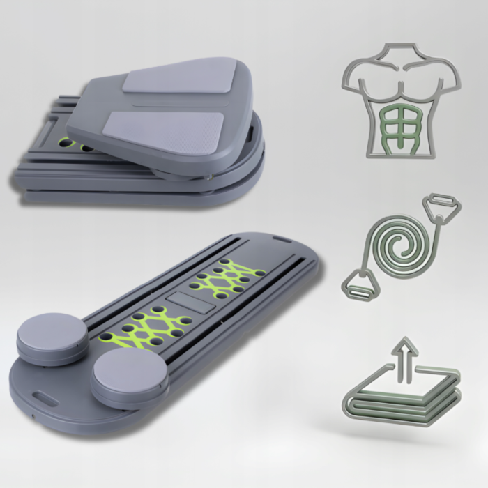 Placa Multifunctionala Pilates  VarioShop®, cu Manere, Role pentru Abdomene, Benzi Elastice, Pliabila, Antiderapanta, pentru Fitness si Antrenament Acasa, 97x35 cm, Gri [6]