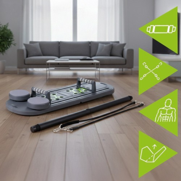 Placa Multifunctionala Pilates  VarioShop®, cu Manere, Role pentru Abdomene, Benzi Elastice, Pliabila, Antiderapanta, pentru Fitness si Antrenament Acasa, 97x35 cm, Gri [8]