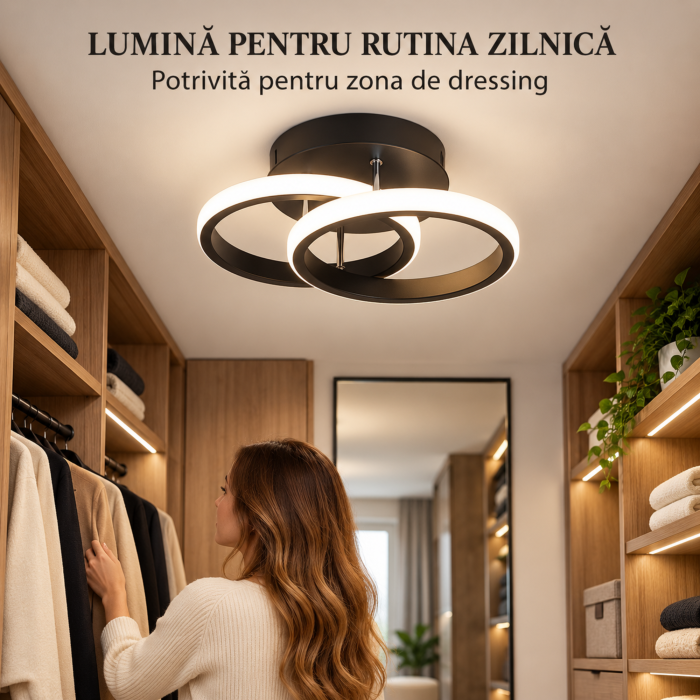 Plafoniera LED VarioShop, pentru iluminat interior, doua inele luminoase, lumina alb neutru, transformator incorporat, 20 W, aluminiu, latime 24,5 cm, neagra [7]