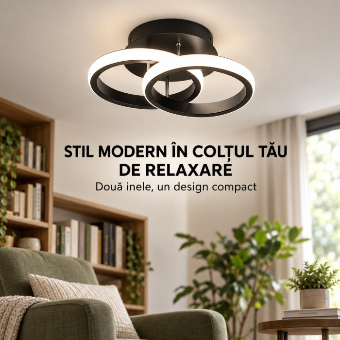 Plafoniera LED VarioShop, pentru iluminat interior, doua inele luminoase, lumina alb neutru, transformator incorporat, 20 W, aluminiu, latime 24,5 cm, neagra [8]