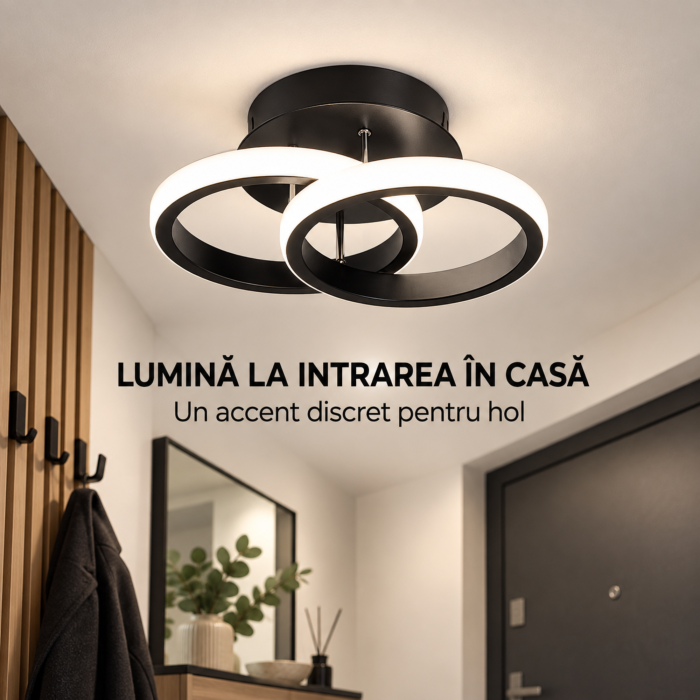 Plafoniera LED VarioShop, pentru iluminat interior, doua inele luminoase, lumina alb neutru, transformator incorporat, 20 W, aluminiu, latime 24,5 cm, neagra [3]