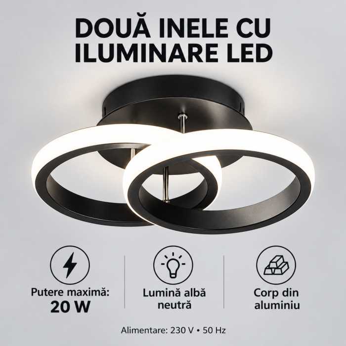 Plafoniera LED VarioShop, pentru iluminat interior, doua inele luminoase, lumina alb neutru, transformator incorporat, 20 W, aluminiu, latime 24,5 cm, neagra [2]