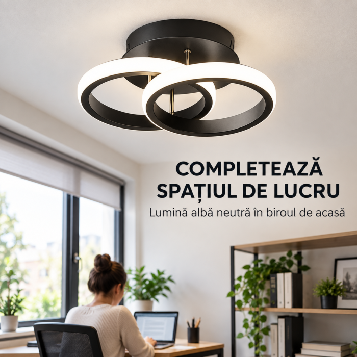 Plafoniera LED VarioShop, pentru iluminat interior, doua inele luminoase, lumina alb neutru, transformator incorporat, 20 W, aluminiu, latime 24,5 cm, neagra [5]