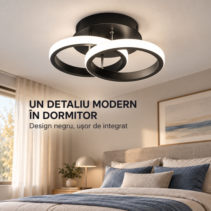 Plafoniera LED VarioShop, pentru iluminat interior, doua inele luminoase, lumina alb neutru, transformator incorporat, 20 W, aluminiu, latime 24,5 cm, neagra [6]
