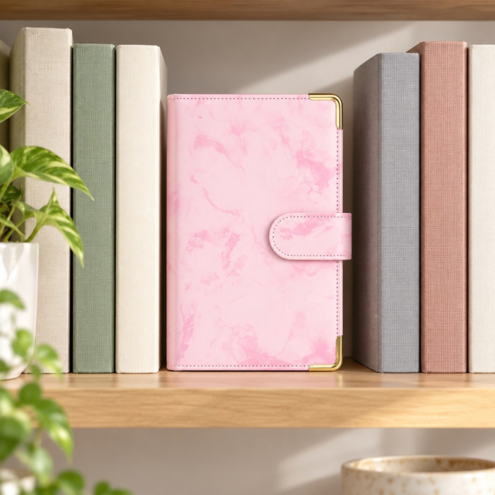 Set agenda planificator buget A6 VarioShop®, pentru organizarea banilor si cheltuielilor, coperta flexibila, 6 inele, plicuri transparente si autocolante, 19 x 14 x 4,3 cm, roz [9]