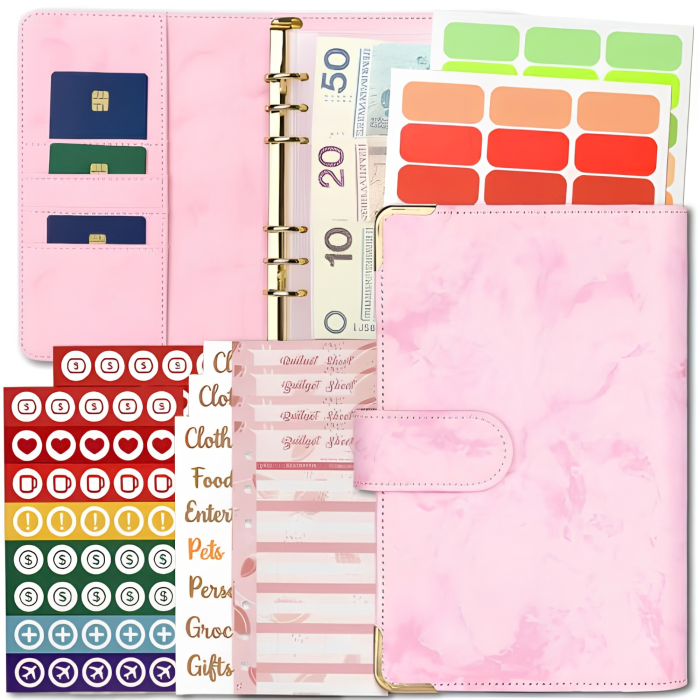 Set agenda planificator buget A6 VarioShop®, pentru organizarea banilor si cheltuielilor, coperta flexibila, 6 inele, plicuri transparente si autocolante, 19 x 14 x 4,3 cm, roz [5]