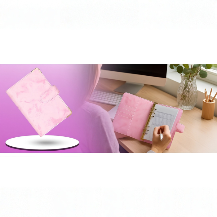 Set agenda planificator buget A6 VarioShop®, pentru organizarea banilor si cheltuielilor, coperta flexibila, 6 inele, plicuri transparente si autocolante, 19 x 14 x 4,3 cm, roz [8]