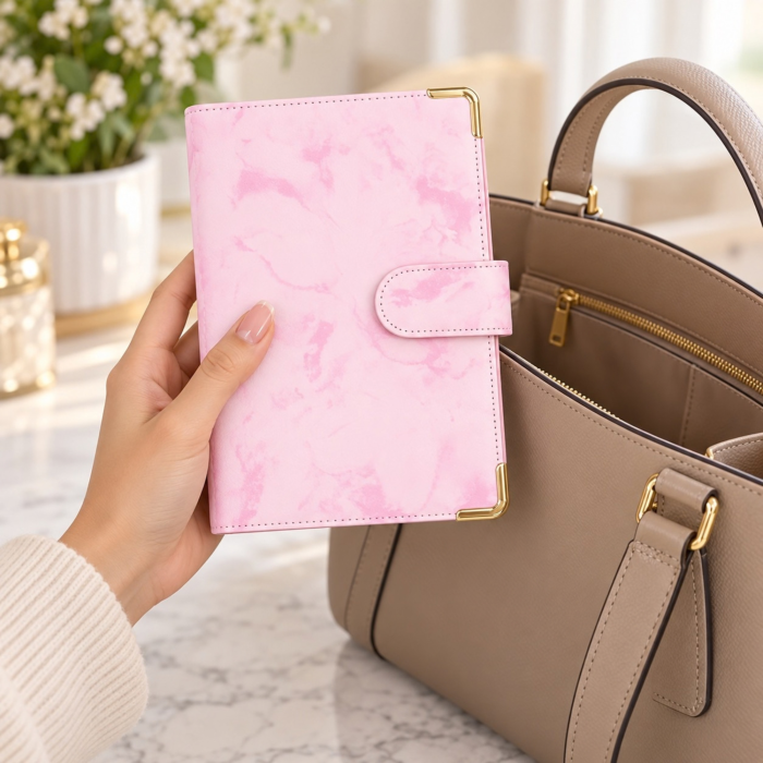 Set agenda planificator buget A6 VarioShop®, pentru organizarea banilor si cheltuielilor, coperta flexibila, 6 inele, plicuri transparente si autocolante, 19 x 14 x 4,3 cm, roz [3]