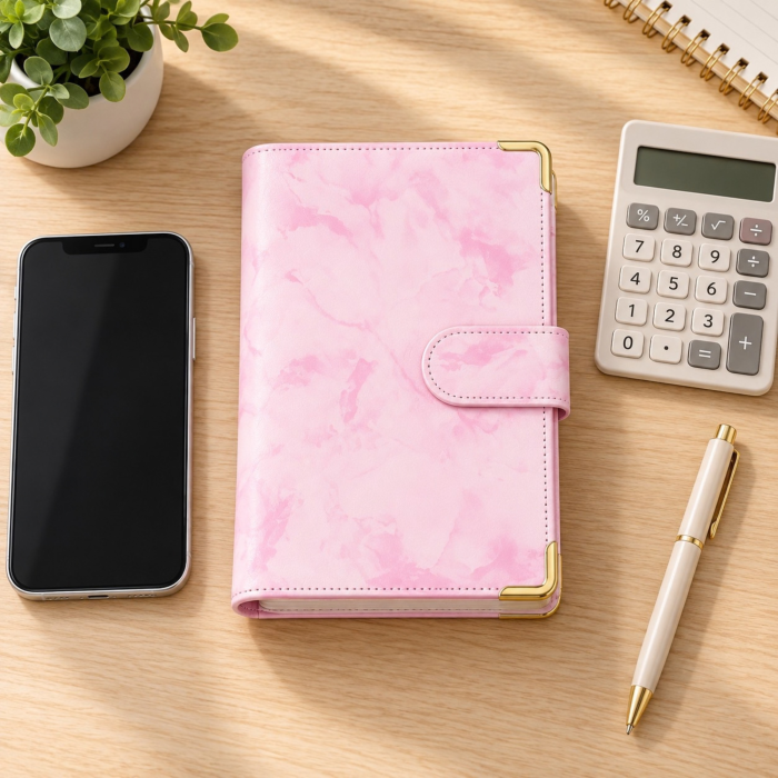 Set agenda planificator buget A6 VarioShop®, pentru organizarea banilor si cheltuielilor, coperta flexibila, 6 inele, plicuri transparente si autocolante, 19 x 14 x 4,3 cm, roz [6]