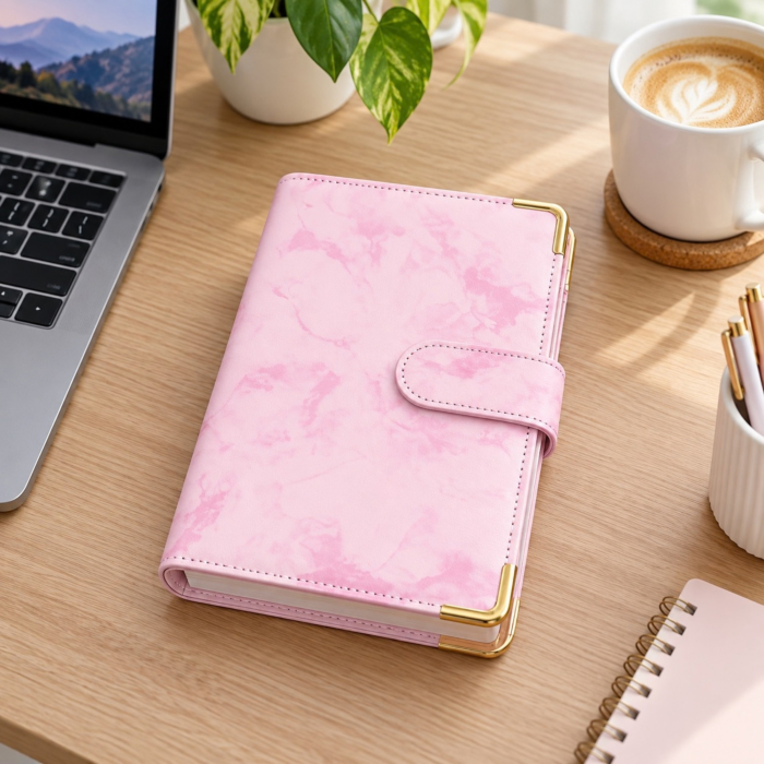 Set agenda planificator buget A6 VarioShop®, pentru organizarea banilor si cheltuielilor, coperta flexibila, 6 inele, plicuri transparente si autocolante, 19 x 14 x 4,3 cm, roz [2]