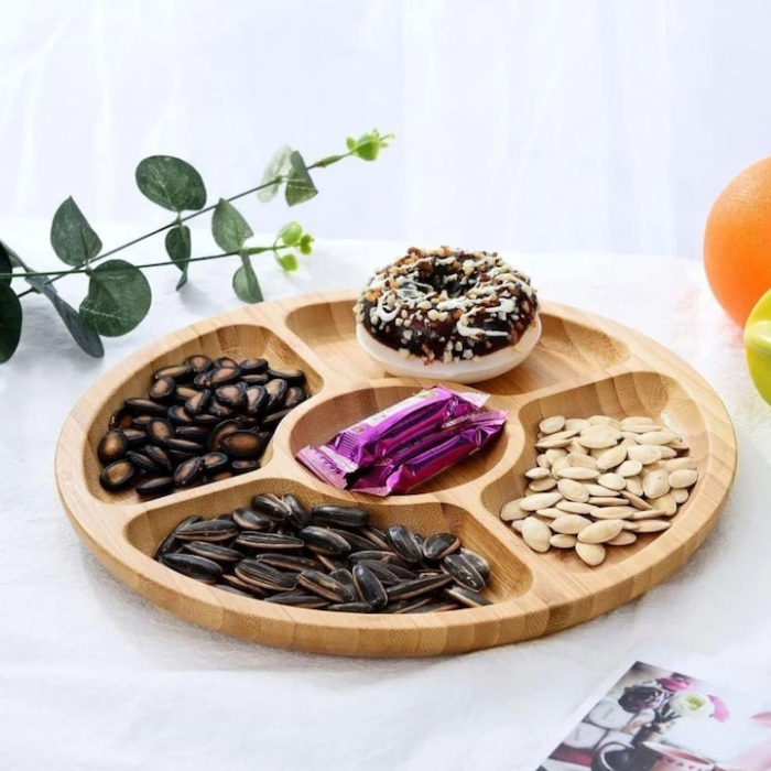 Platou rotativ din bambus VarioShop®, pentru servirea gustarilor, aperitivelor si deserturilor, servire eleganta cu 5 compartimente, 33 x 4 cm, Bej [4]