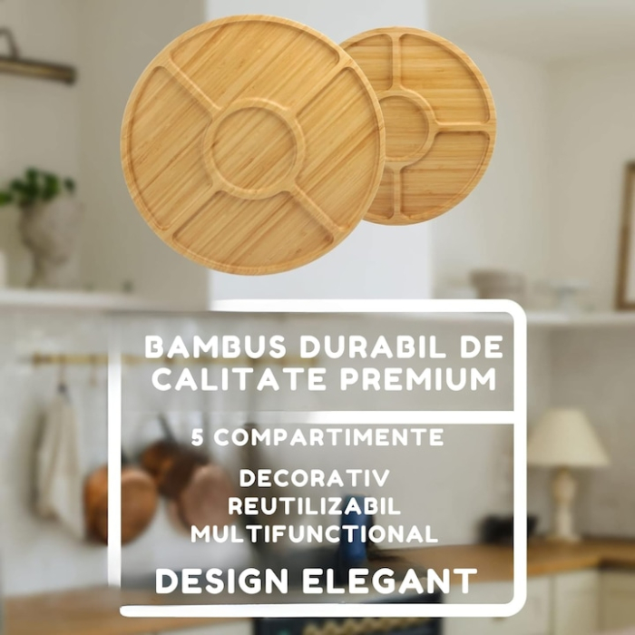 Platou rotativ din bambus VarioShop®, pentru servirea gustarilor, aperitivelor si deserturilor, servire eleganta cu 5 compartimente, 33 x 4 cm, Bej [2]