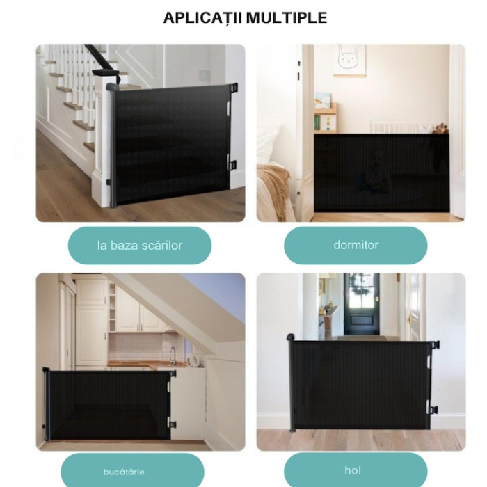 Poarta de siguranta extensibila/rulou VarioShop®, protectie universala pentru copii si animale, accesorii incluse, max 160 cm, Negru [7]