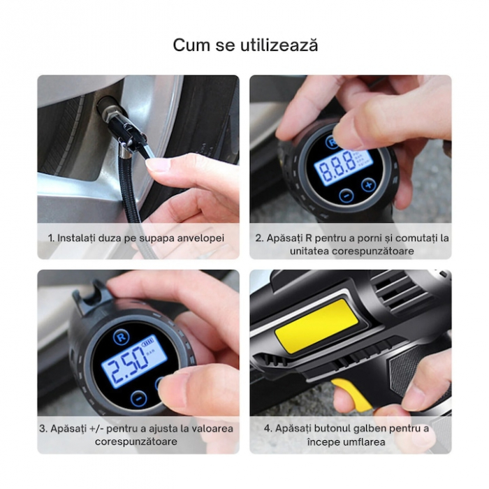 Pompa aer auto electrica VarioShop®, Afisaj digital LCD, Manometru digital, Lanterna, Incarcare si oprire automata, Umplere rapida cu aer, 35 L/min, alimentare la bricheta masinii, ABS, Negru [5]