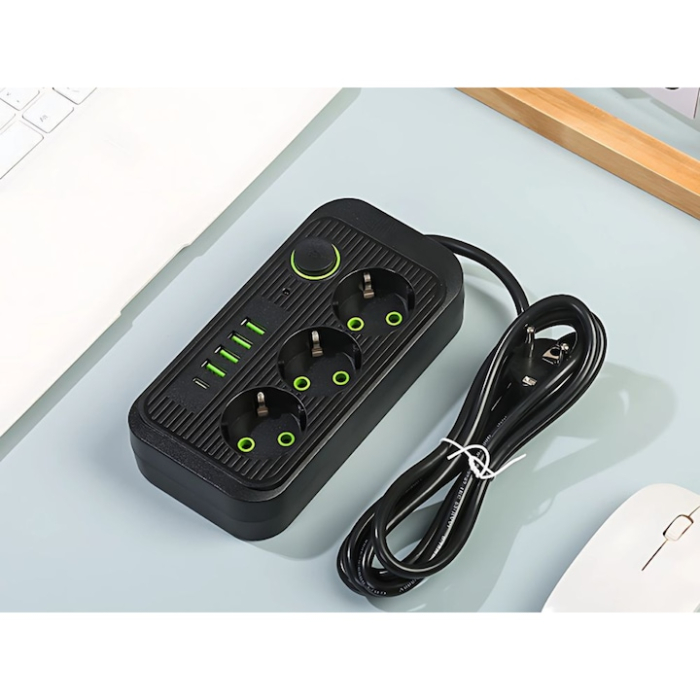 Prelungitor 2 m VarioShop®, 3 prize, 4 porturi USB si 1 port USB-C, solutia inteligenta pentru incarcare multipla, cu protectie completa si design compact, Negru [11]