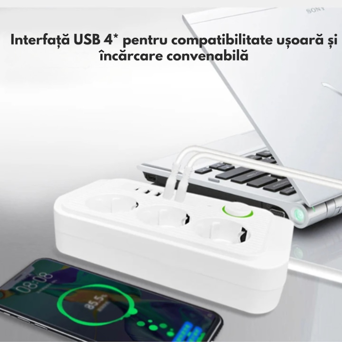 Prelungitor 2 m VarioShop®, 3 prize, 4 porturi USB si 1 port USB-C, solutia inteligenta pentru incarcare multipla, cu protectie completa si design compact, Alb [7]