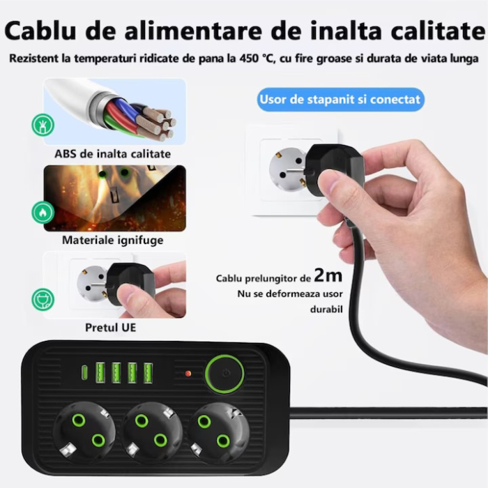Prelungitor 2 m VarioShop®, 3 prize, 4 porturi USB si 1 port USB-C, solutia inteligenta pentru incarcare multipla, cu protectie completa si design compact, Negru [2]