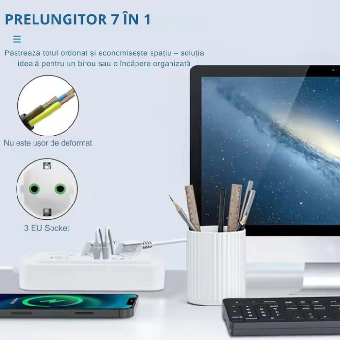 Prelungitor 2 m VarioShop®, 3 prize, 4 porturi USB si 1 port USB-C, solutia inteligenta pentru incarcare multipla, cu protectie completa si design compact, Alb [2]