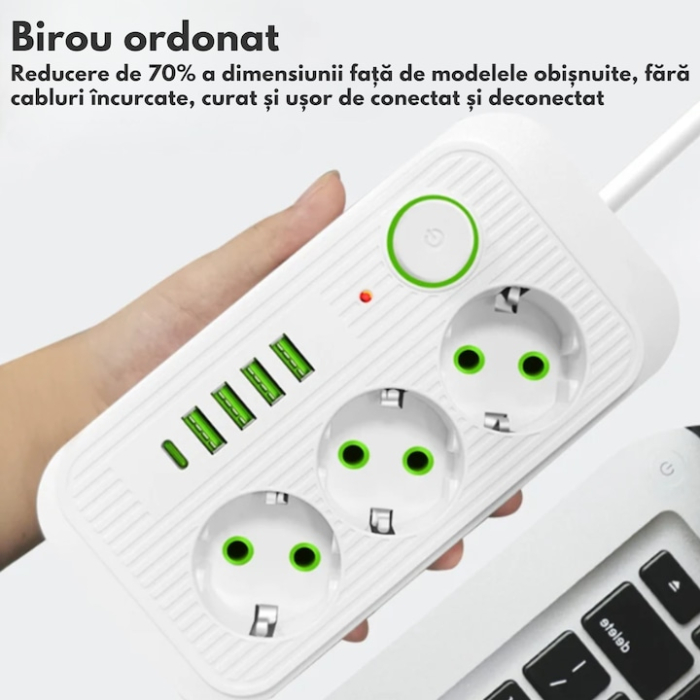 Prelungitor 2 m VarioShop®, 3 prize, 4 porturi USB si 1 port USB-C, solutia inteligenta pentru incarcare multipla, cu protectie completa si design compact, Alb [4]