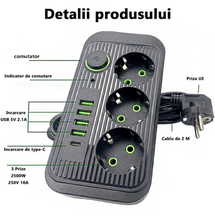 Prelungitor 2 m VarioShop®, 3 prize, 4 porturi USB si 1 port USB-C, solutia inteligenta pentru incarcare multipla, cu protectie completa si design compact, Negru [7]