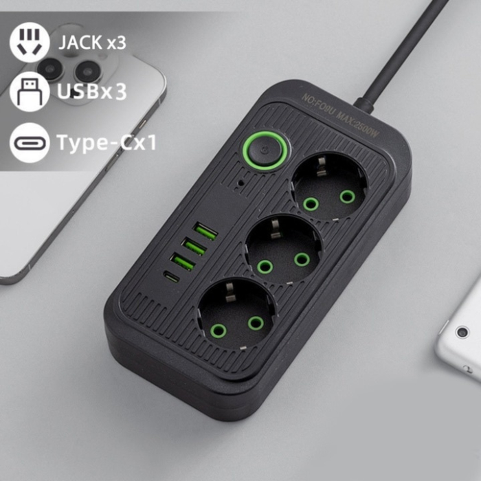 Prelungitor 2 m VarioShop®, 3 prize, 4 porturi USB si 1 port USB-C, solutia inteligenta pentru incarcare multipla, cu protectie completa si design compact, Negru [10]