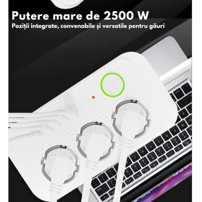 Prelungitor 2 m VarioShop®, 3 prize, 4 porturi USB si 1 port USB-C, solutia inteligenta pentru incarcare multipla, cu protectie completa si design compact, Alb [3]